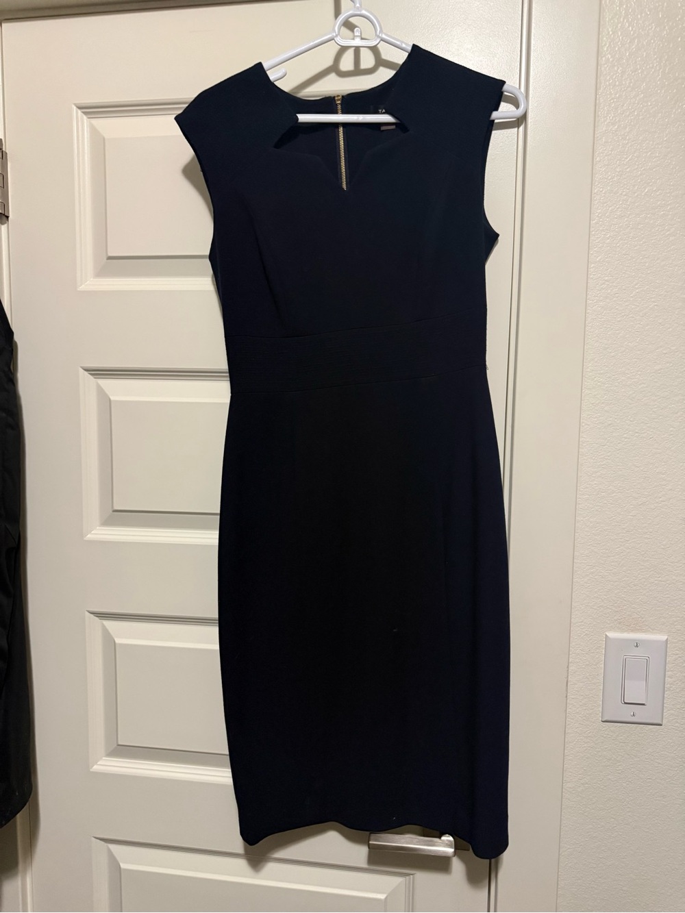 Tahari Navy Midi Sheath Dress with Notch Neck